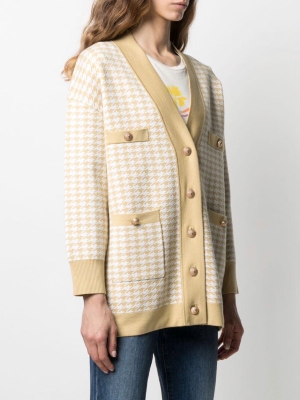 NWT SANDRO PARIS HOUNDSTOOTH CARDIGAN IN BEIGE/YELLOW SIZE 3 ( L ) - Picture 2 of 16